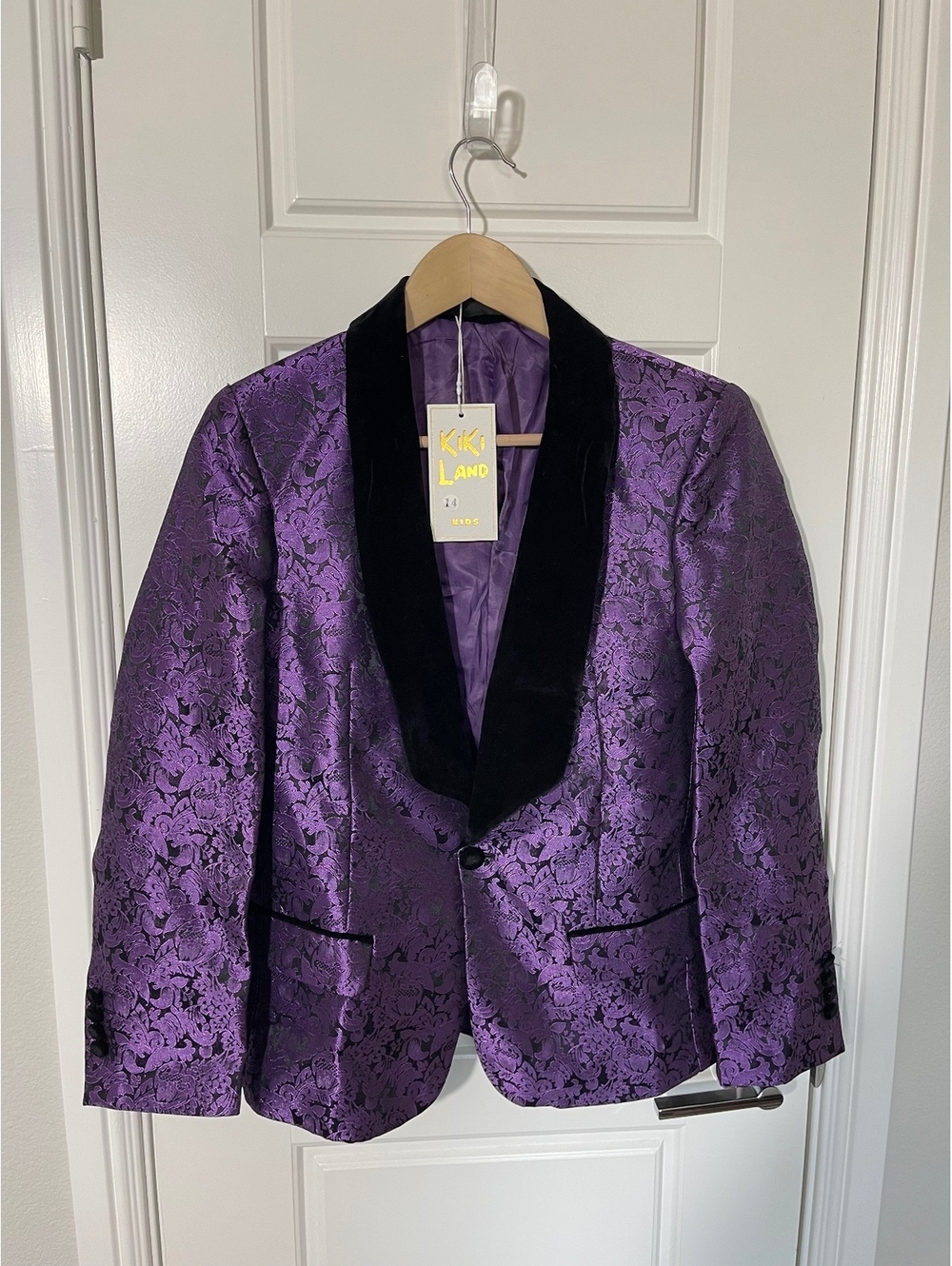Boys Suits for Kids Size 14 Purple Embossed Shawl Velvet Lapel 2 Pieces K159